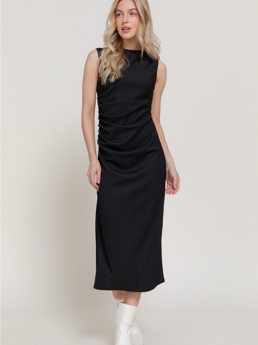 Sleeveless Black Midi Dress with Side Ruching and High Neck